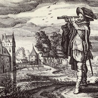 Hans Lipperhey looking through an early telescope near a castle and trees