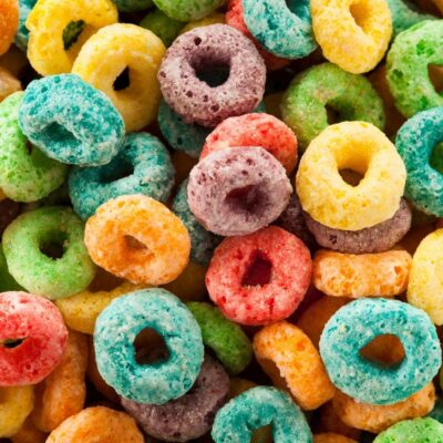 Colorful Froot Loops cereal pieces in red, green, yellow, orange, purple, and blue
