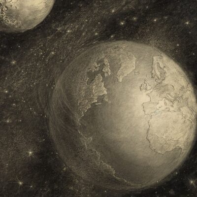 Earth and another celestial body surrounded by stars in space