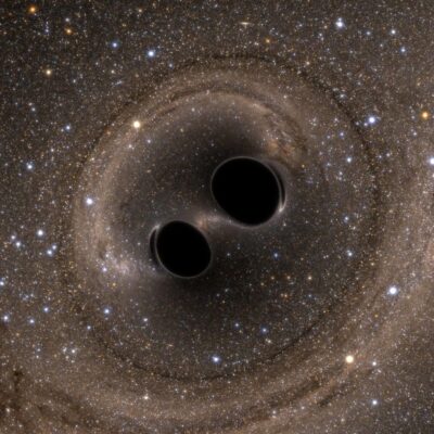 Two black holes surrounded by warped star fields during a cosmic collision