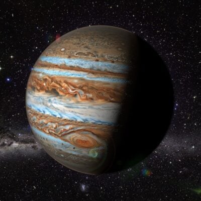 Jupiter with swirling cloud bands and the Great Red Spot visible