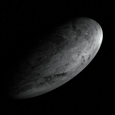 Dark, elongated dwarf planet Haumea against a starry black background