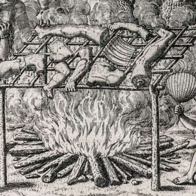 Engraving of human limbs roasting over an open fire with smoke rising