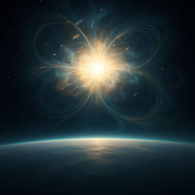 Bright explosion in space above Earth with debris and light trails