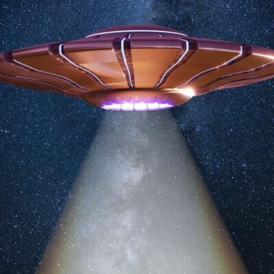 Tukonian spaceship emitting a light beam over the starry skies of Tukon4