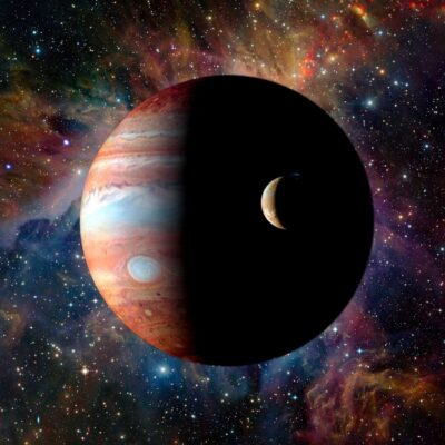 Jupiter and one of its moons set against a colorful starry background