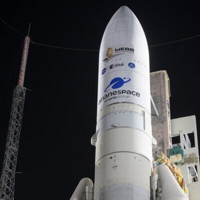 Ariane 5 rocket with James Webb Space Telescope logos on launch pad