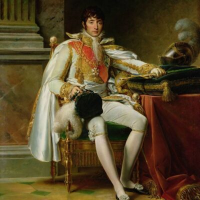 Louis Bonaparte in regal attire seated beside a plumed helmet