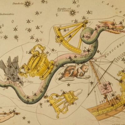 Illustrated star map featuring the Hydra constellation with surrounding celestial figures