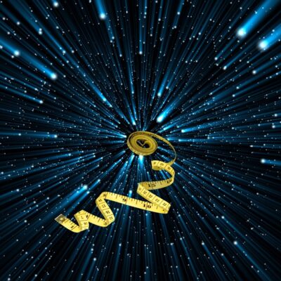 Measuring tape floating in space with streaks of light representing distance