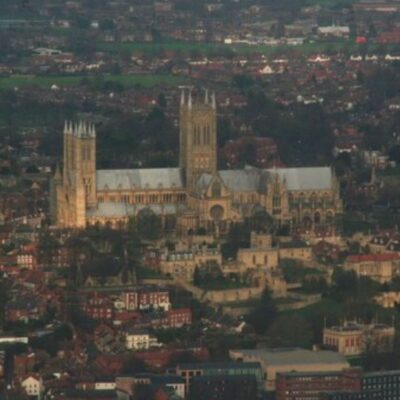 Aerial view of Lincoln Cathedral surrounded by the city of Lincoln