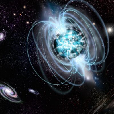 Illustration of a magnetar emitting intense magnetic field lines in space