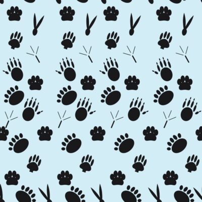 Pattern of various black animal tracks on a light blue background
