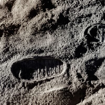 Astronaut boot prints in the lunar surface dust