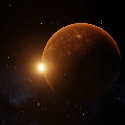 Mars illuminated by the Sun against a starry background