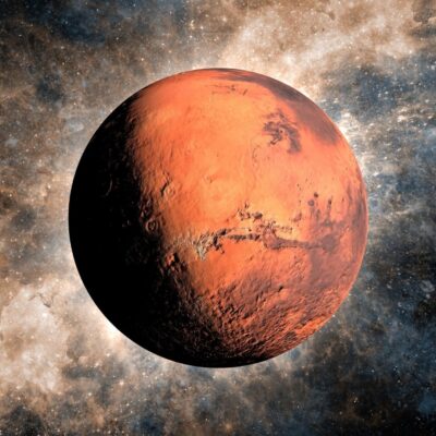 Mars with visible surface features set against a star-filled background