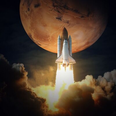 Rocket launching with Mars visible in the background