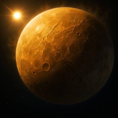 Close-up view of Mercury's cracked, cratered surface with the Sun nearby in space