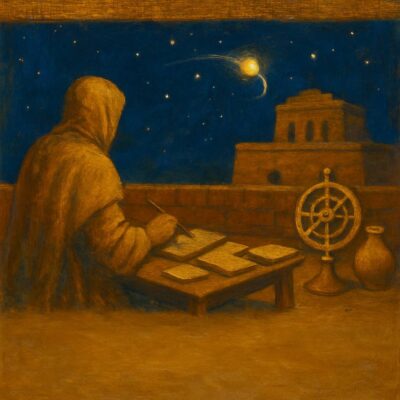 Assyrian astronomer writing on tablets under a starry sky with Mercury visible