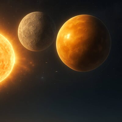 The Sun with Mercury and Venus, two moonless planets, in space