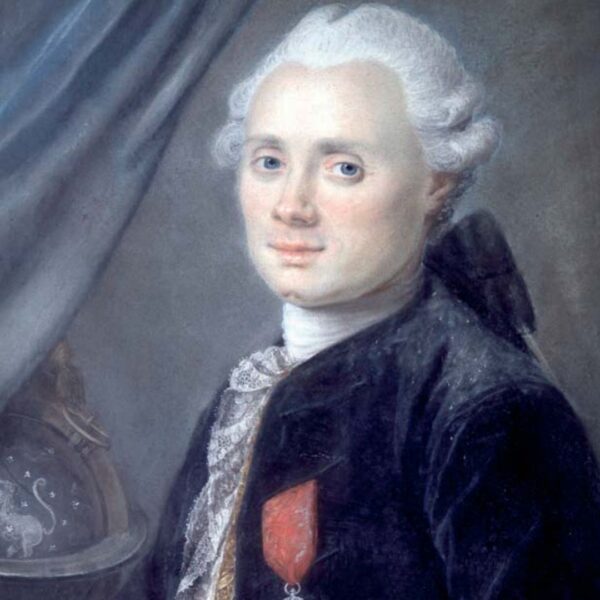 Portrait of Charles Messier wearing formal 18th-century attire with an astronomy chart in background