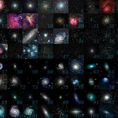 Collage of all 110 Messier objects including galaxies, nebulae, and star clusters