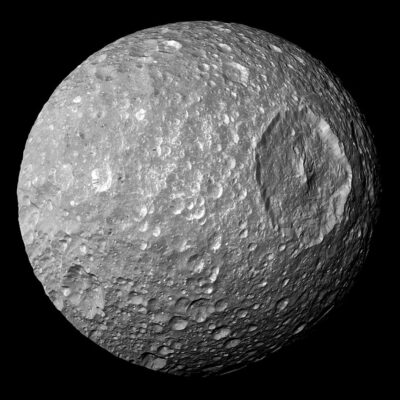Saturn's moon Mimas showing the large Herschel crater on its surface