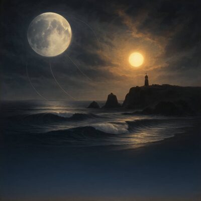 Moon and sun over ocean waves near a rocky shore with a lighthouse