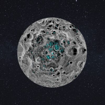 Lunar south pole with blue spots indicating surface water ice concentrations