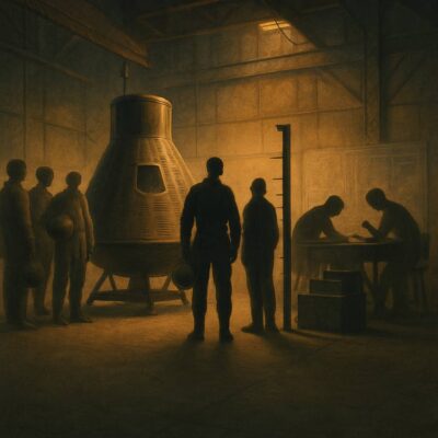 Silhouetted astronauts stand near a Mercury capsule and a height measurement scale in a dimly lit room