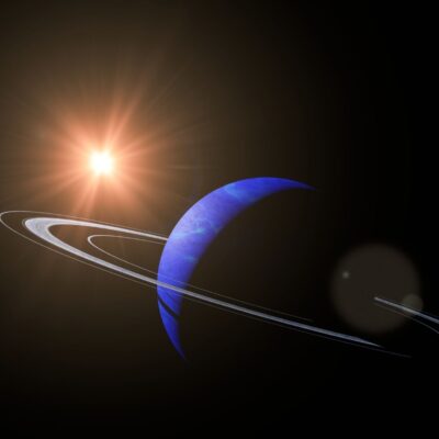Neptune with its faint rings and the Sun in the background