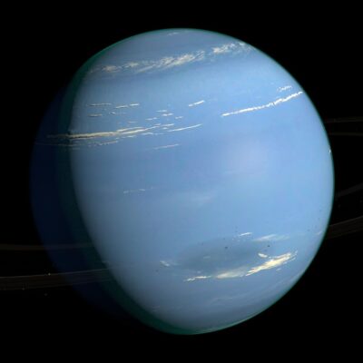 Blue planet Neptune with visible cloud bands and storms