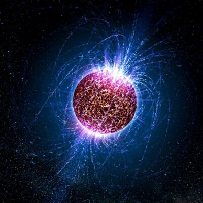 Bright, glowing neutron star emitting blue magnetic field lines in space
