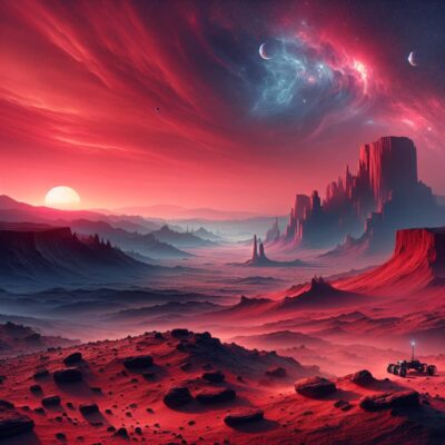 Futuristic rover on rocky red terrain under a vivid red Martian sky at sunset