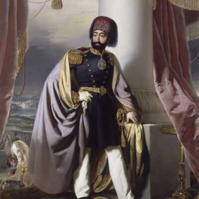 Mahmud II in ceremonial military attire with a feathered red headdress