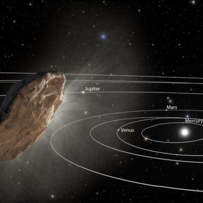 Illustration of 'Oumuamua passing through the inner Solar System near planetary orbits