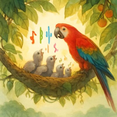 Adult parrot teaching unique calls to four chicks in a nest
