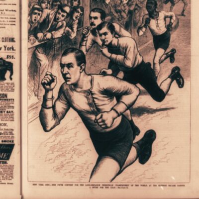 19th-century pedestrianism competitors racing as spectators watch closely