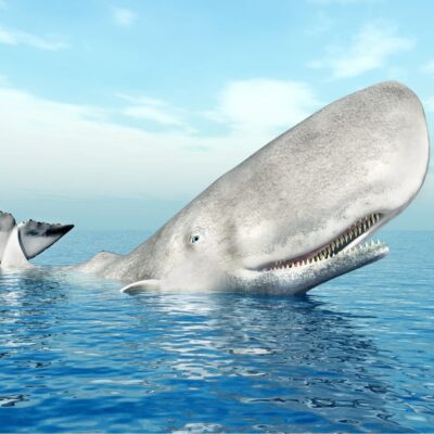 Sperm whale partially above ocean surface under a clear blue sky