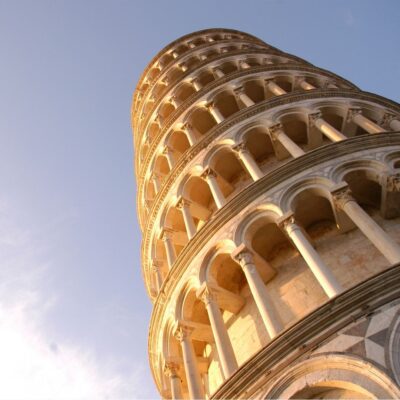 Close-up view looking up at the Leaning Tower of Pisa