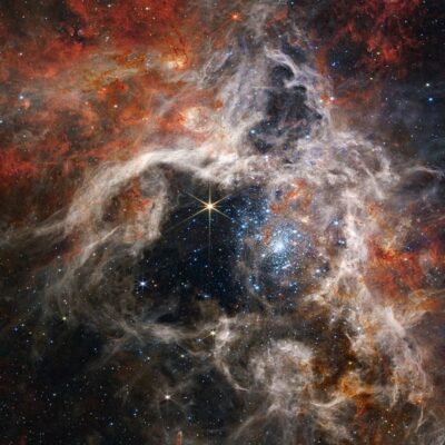 BAT99-98 star shining in a dense star cluster within colorful gas clouds