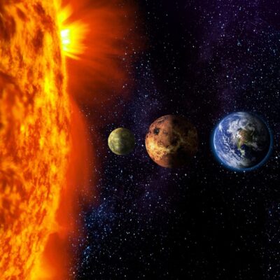The Sun with Mercury, Venus, and Earth aligned in space