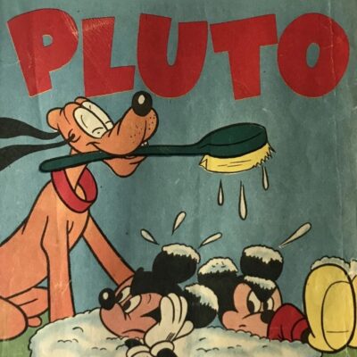 Pluto holding a scrub brush while washing Mickey and Minnie Mouse