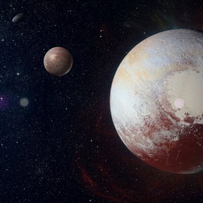 Pluto and its moon Charon with other Kuiper Belt objects in space
