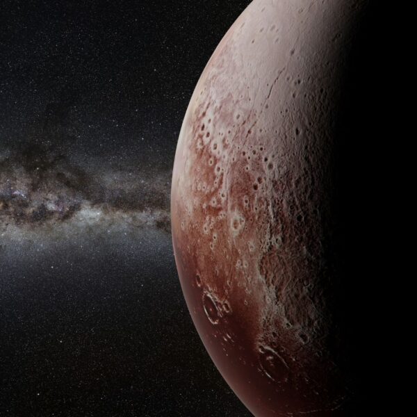 Partial view of Pluto with cratered surface and starry background