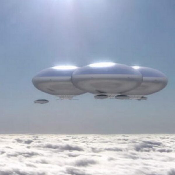 Futuristic floating cities hover above thick cloud layers in a bright sky