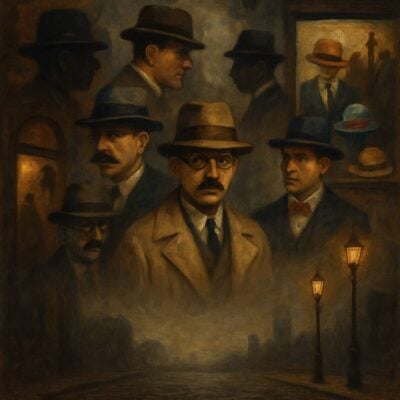 Multiple depictions of Izzy Einstein in various disguises wearing different hats and coats
