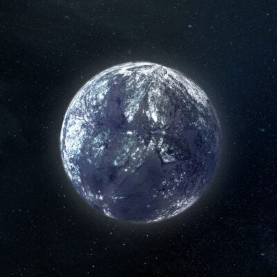 Dark, icy rogue planet floating alone in deep space