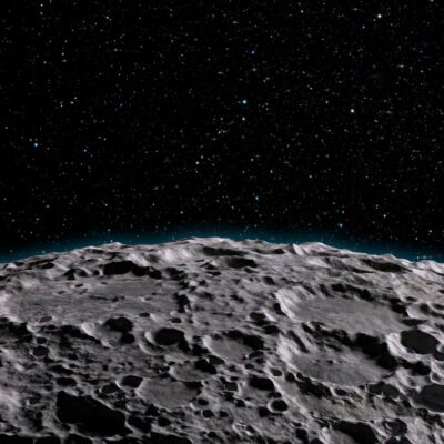 Craters on the moon's surface under a starry space sky