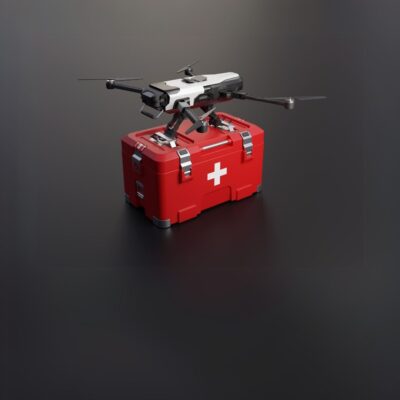 Medical drone on top of a red emergency supply box with a white cross
